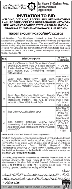 Sui Northern Gas Company Limited Lahore Tender Notice